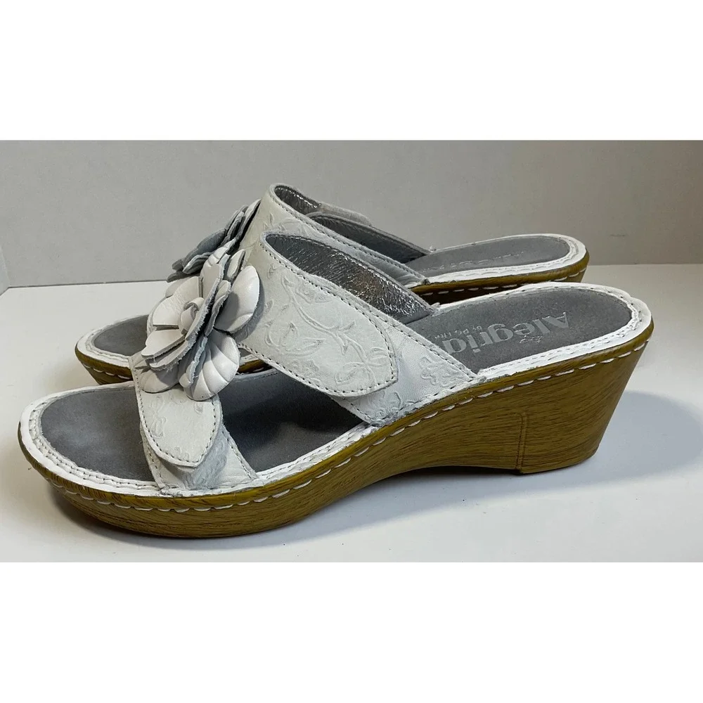 Alegria Morning White Floral Leather Wedge Sandals LAN-460 Womens EU 37 US 7-7.5